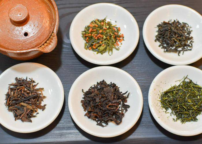 A selection of traditional Japanese tea leaves in white dishes, waiting to be prepared.